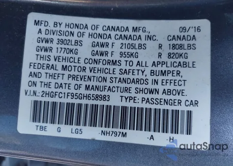 2016 Honda Civic Touring из США, поврежденный, VIN 2HGFC1F95GH658983